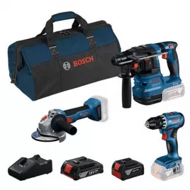 Sada 3 kusů 18V nářadí Bosch GSR 18V-45 + GBH 18V-22 + GWS 18V-8 + GBA 2.0 Ah + GBA 4.0 Ah + GAL 18V-40 + brašna