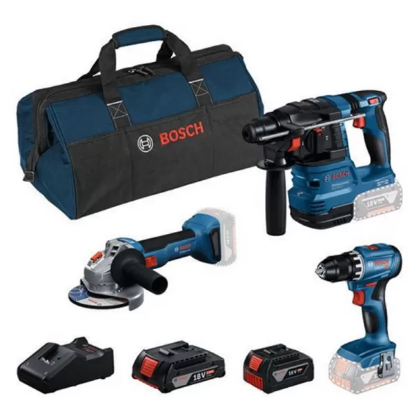 Sada 3 kusů 18V nářadí Bosch GSR 18V-45 + GBH 18V-22 + GWS 18V-8 + GBA 2.0 Ah + GBA 4.0 Ah + GAL 18V-40 + brašna