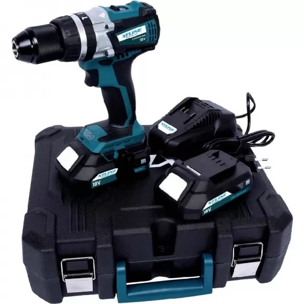 Aku vrtačka s příklepem bezuhlíková 18V + 2baterie + kufr XTline XT102865