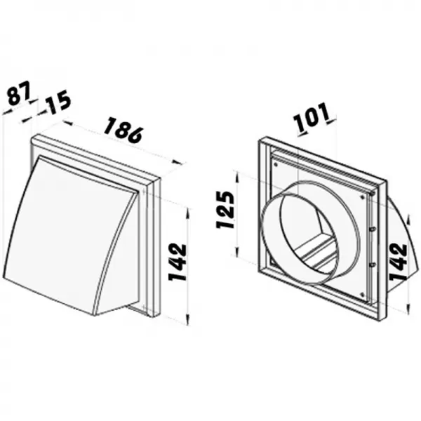 PVC větrací mřížka se stříškou, přírubou a klapkou 186x186 mm / Ø 125 mm, bílá DALAP 2022