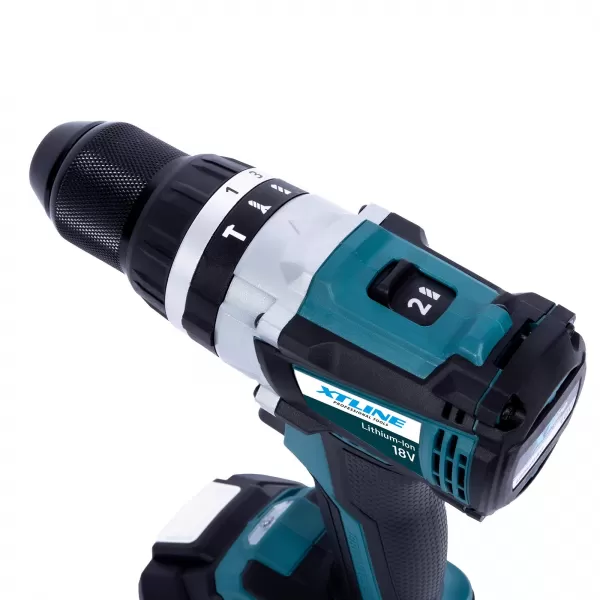 Aku vrtačka s příklepem bezuhlíková 18V/2x4,0Ah Xtline XT102865E