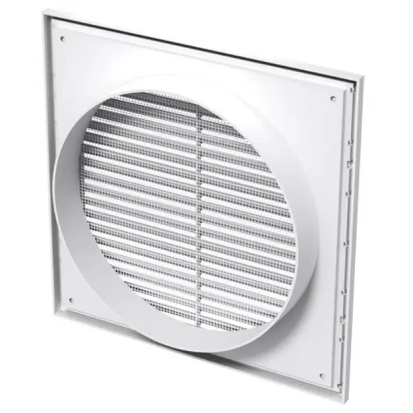 PVC větrací mřížka se síťkou, pevnou žaluzií 250x250 mm a přírubou O 200 mm, bílá DALAP 242