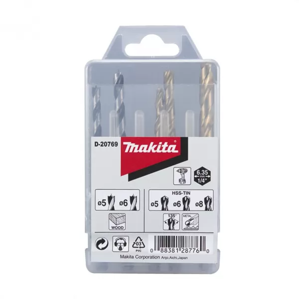 Sada vrtáků šestihran 1/4" do kovu/dřeva/zdiva 5 ks v plastové krabičce Makita D-23759