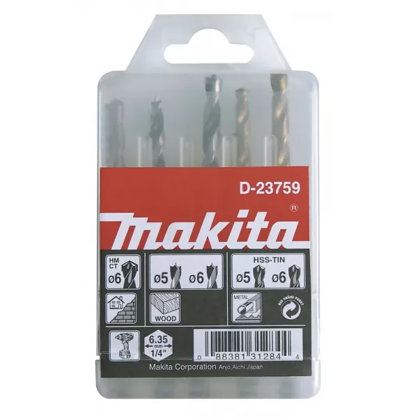 Sada vrtáků šestihran 1/4" do kovu/dřeva/zdiva 5 ks v plastové krabičce Makita D-23759