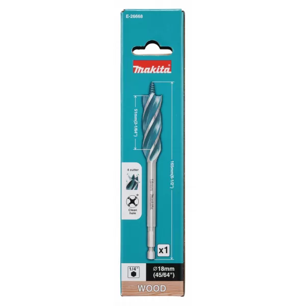 Vrták do dřeva čtyřbřitý šestihran 1/4" 18x165mm Makita E-26668