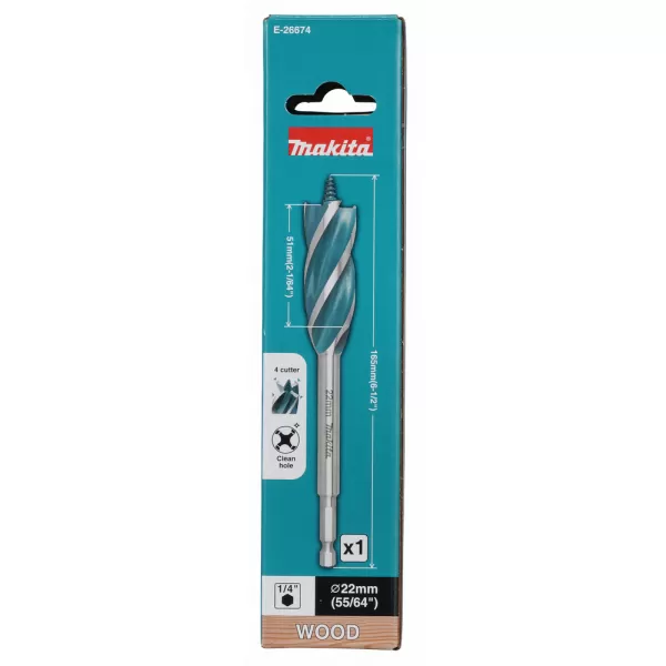 Vrták do dreva štvorbritý šesťhran 1/4" 22x165mm Makita E-26674