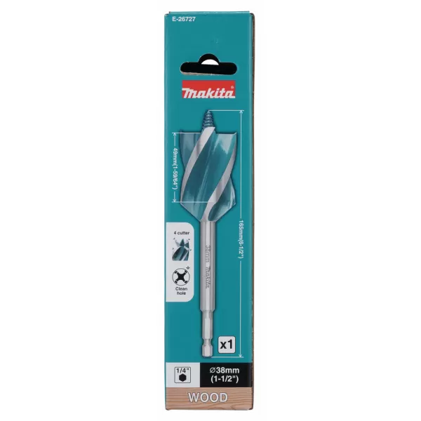 Vrták do dřeva čtyřbřitý šestihran 1/4" 38x165mm Makita E-26727