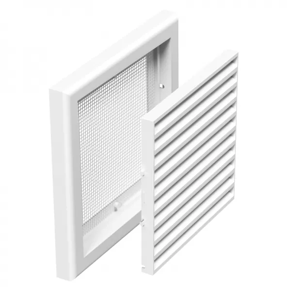 PVC větrací mřížka bez příruby s pevnou žaluzií a síťkou 154x154 mm, bílá DALAP 3245