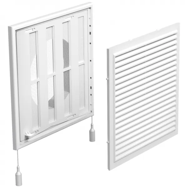 PVC větrací mřížka s mechanicky ovládanou žaluzií 250x250 mm a přírubou Ø 200 mm, bílá DALAP 3262