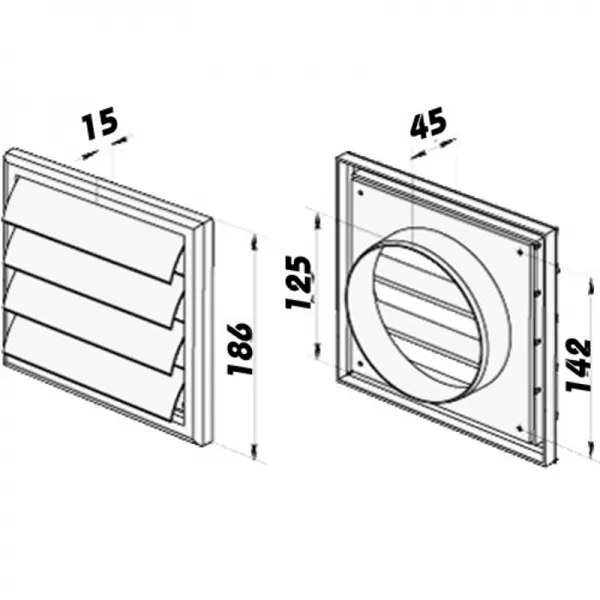 PVC větrací mřížka s přírubou a samotížnou žaluzií, 186x186 mm / O 125 mm, bílá DALAP 3248