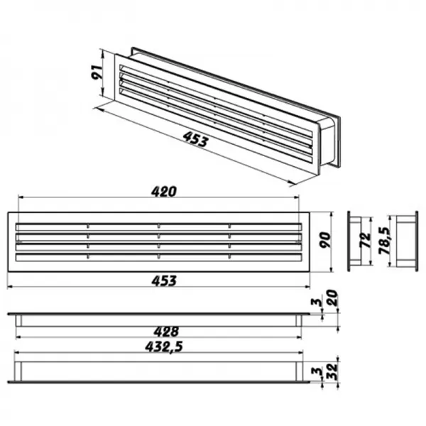 PVC větrací mřížka do dveří dvojitá 453x90 mm, hnědá DALAP 348