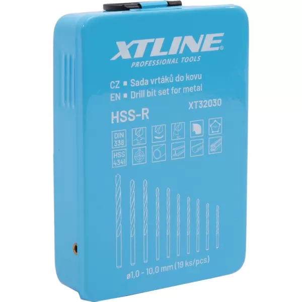 Sada vrtáků do kovu HSS-R 1-10 mm 19 dílů, kovový obal XTline XT32030
