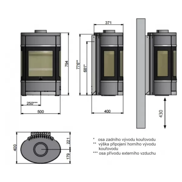 Krbová kamna závěsné, boční prosklení, klička a lišty černé SCAN 68-7 černý lak