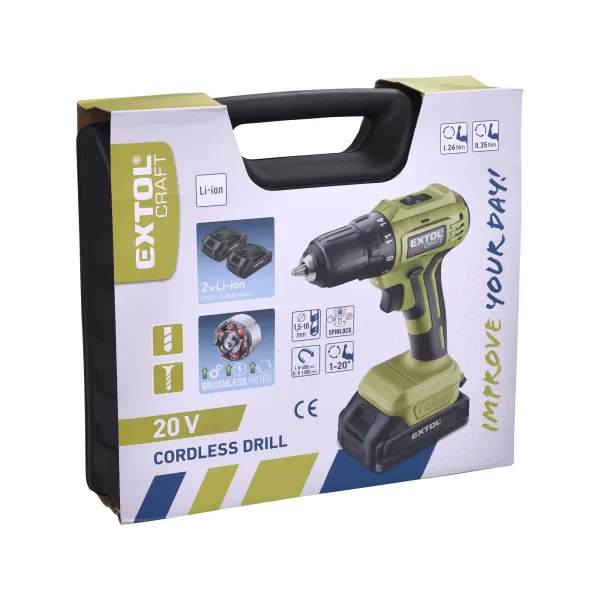Aku vŕtací skrutkovač 20V 2x2,0Ah Brushless EXTOL CRAFT 402450