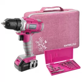 Aku vrtací šroubovák růžový 12V Li-ion 1,3Ah, sada vrtáků v tašce EXTOL LADY 402401