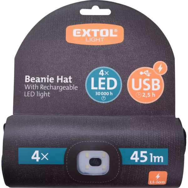 Čepice s čelovkou 4x45lm, USB nabíjení, černá, univerzální velikost EXTOL LIGHT 43199