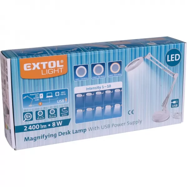 Lampa stolní s lupou, USB napájení, bílá, 2400lm, 3 barvy světla, 5x zvětšení EXTOL LIGHT 43161