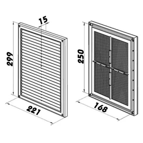 PVC větrací mřížka bez příruby s pevnou žaluzií a síťkou 299x221 mm, bílá DALAP 5342