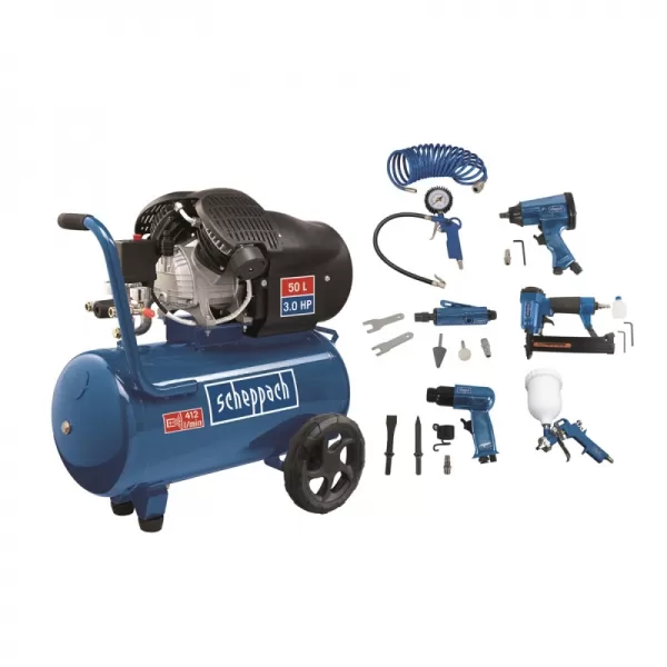 Olejový dvouválcový kompresor 10 bar se vzdušníkem 50 l a příslušenstvím HC 55 DC SET Scheppach 5906101904