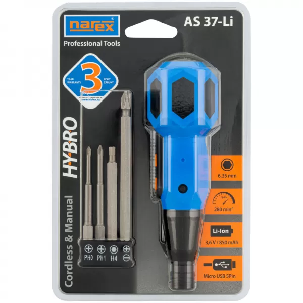 Aku hybridní šroubovák s napájením přes USB 3,6V, 0,85Ah Narex AS 37-Li HYBRO 65405670