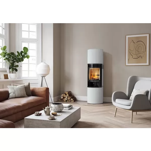 Krbová kamna skleněná dvířka, dubová klička černá SCAN 84-3 MODERN MAXI bílý lak