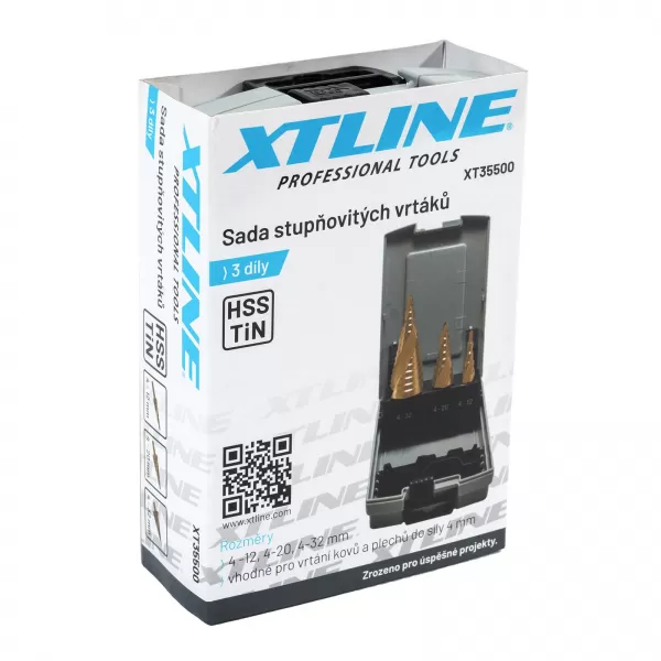 Sada stupňovitých vrtáků HSS TiN 3 díly 4-32 mm, plastový obal Xtline XT35500