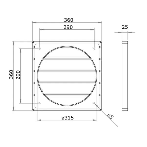 PVC větrací mřížka s přírubou a samotížnou žaluzií, 360x360 mm / O 315 mm, šedá DALAP 8233