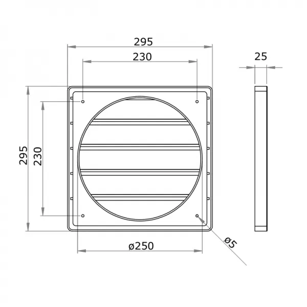 PVC větrací mřížka s přírubou a samotížnou žaluzií, 295x295 mm / O 250 mm, šedá DALAP 8232
