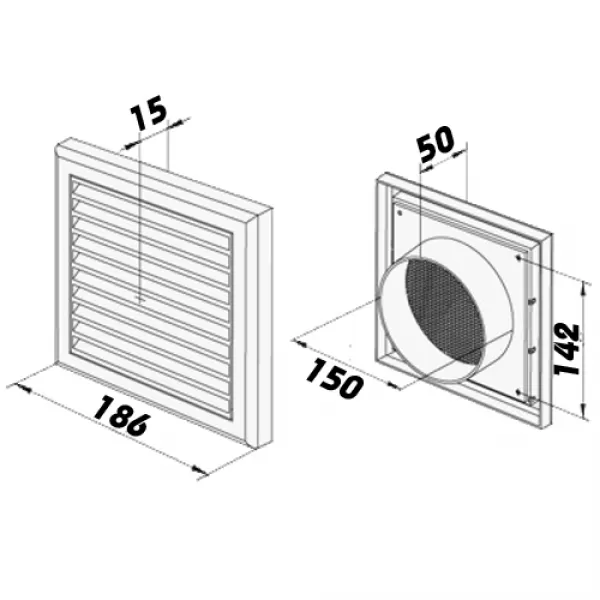 PVC větrací mřížka s mechanicky ovládanou žaluzií 186x186 mm a přírubou Ø 150 mm, bílá DALAP 8506