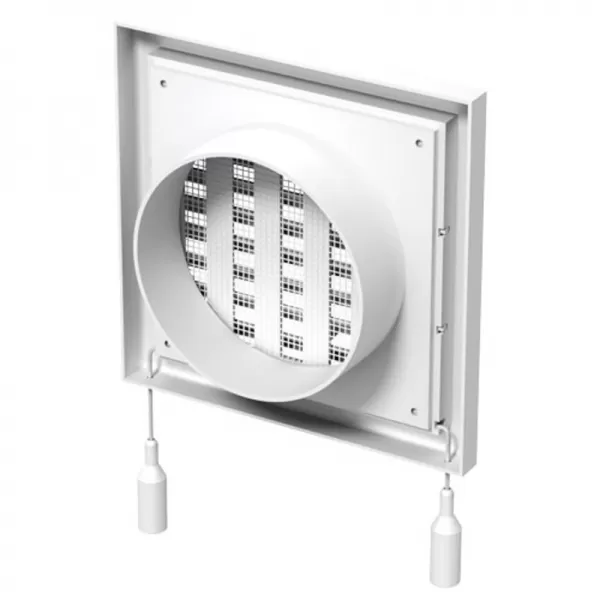 PVC větrací mřížka s mechanicky ovládanou žaluzií 186x186 mm a přírubou Ø 150 mm, bílá DALAP 8506