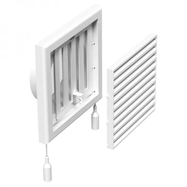 PVC větrací mřížka s mechanicky ovládanou žaluzií 186x186 mm a přírubou Ø 150 mm, bílá DALAP 8506