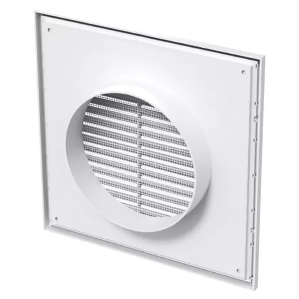 PVC větrací mřížka se síťkou, pevnou žaluzií 186x186 mm a přírubou Ø 150 mm, bílá DALAP 8500