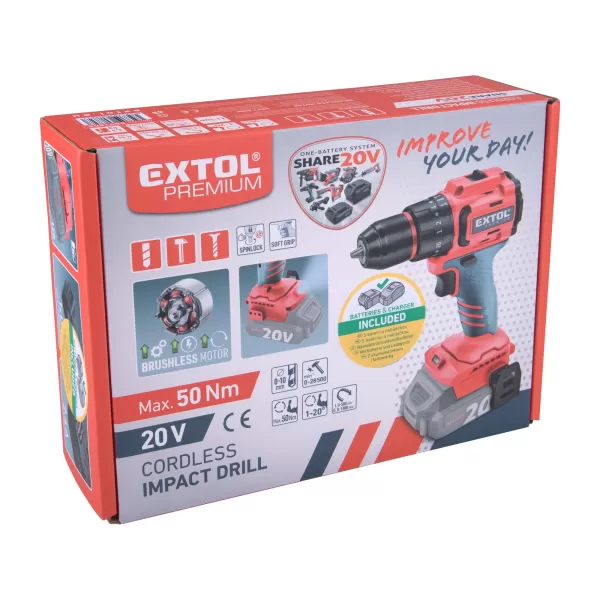 Aku vrtačka s příklepem 20V 1x2,0Ah SHARE20V BRUSHLESS EXTOL PREMIUM 8891808