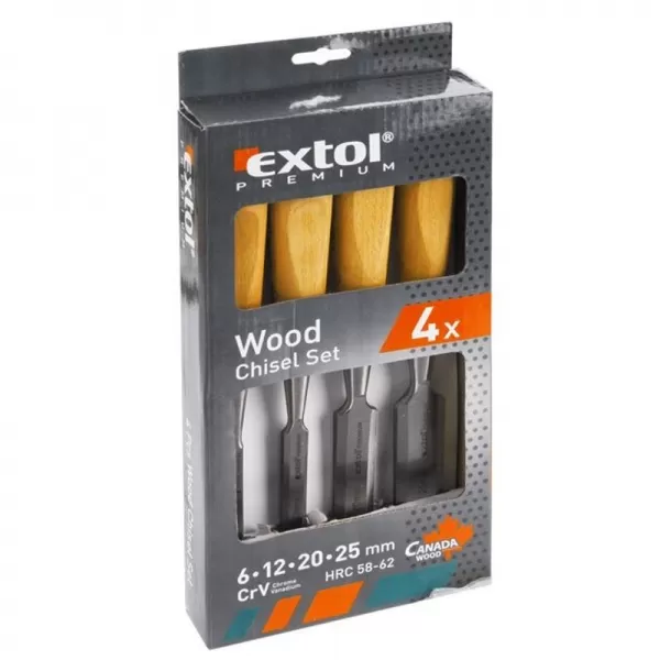 Sada dlát 4ks 6-12-20-25mm s kvalitní bukovou rukojetí CrV EXTOL PREMIUM 8812420