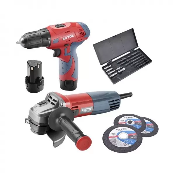 Aku vrtačka a úhlová bruska 125mm v plastovém boxu EXTOL PREMIUM 8898311