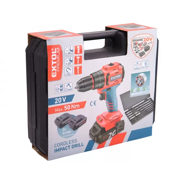 Aku vrtací šroubovák s příklepem 20V/2x2,0 Ah SHARE20V BRUSHLESS Extol Premium 8891806
