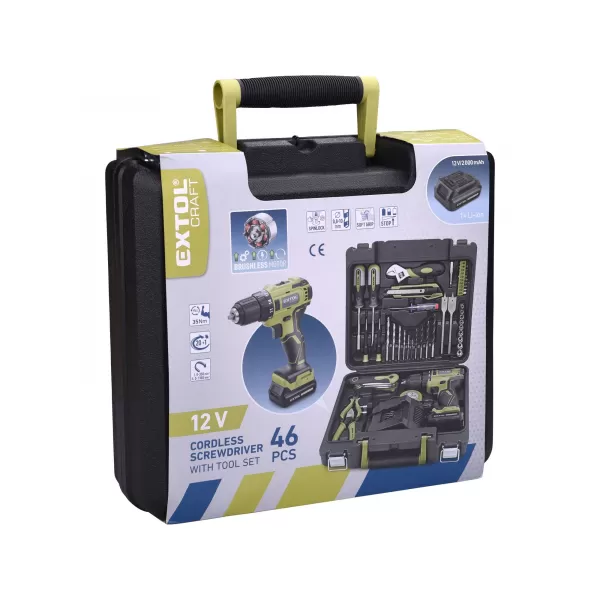 Aku vrtací šroubovák 12V 1x2,0Ah BRUSHLESS s nářadím EXTOL CRAFT 422801