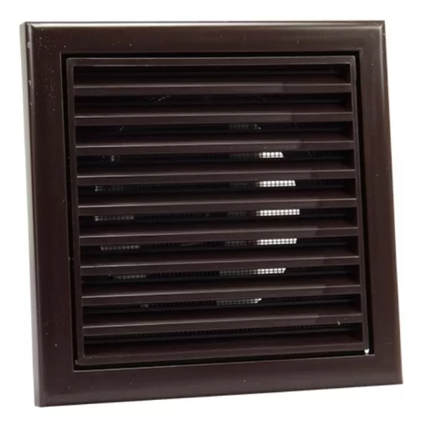 PVC větrací mřížka se síťkou, pevnou žaluzií 186x186 mm a přírubou Ø 150 mm, hnědá DALAP 9710