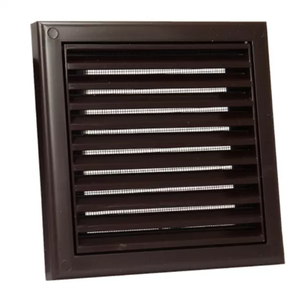 PVC větrací mřížka bez příruby s pevnou žaluzií a síťkou 154x154 mm, hnědá DALAP 9707