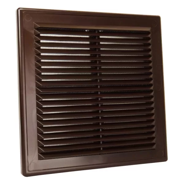 PVC větrací mřížka bez příruby s pevnou žaluzií a síťkou 204x204 mm, hnědá DALAP 9709