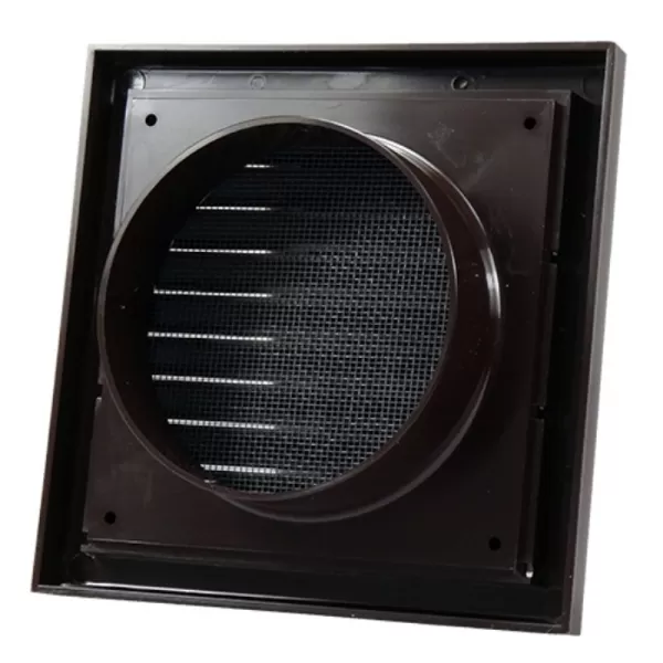 PVC větrací mřížka se síťkou, pevnou žaluzií 154x154 mm a přírubou O 100 mm, hnědá DALAP 9706