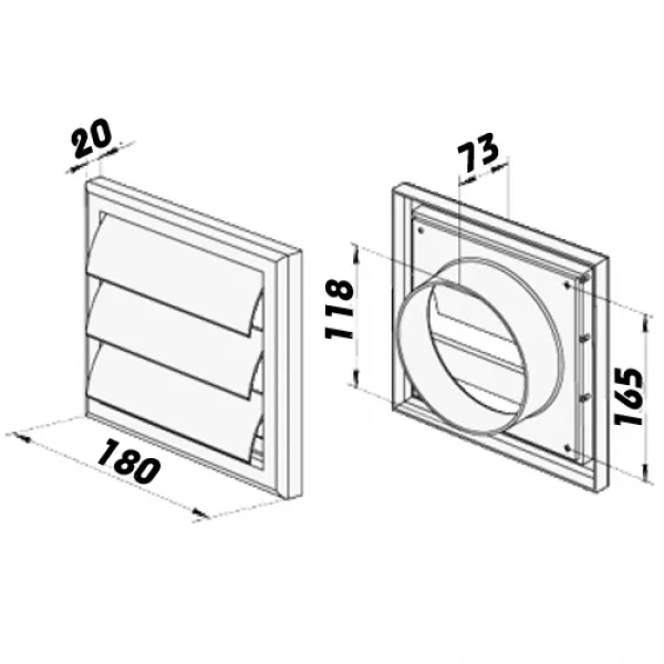 Větrací mřížka nerezová s přírubou a samotížnou žaluzií 180x180 mm, Ø 125 mm DALAP 99481