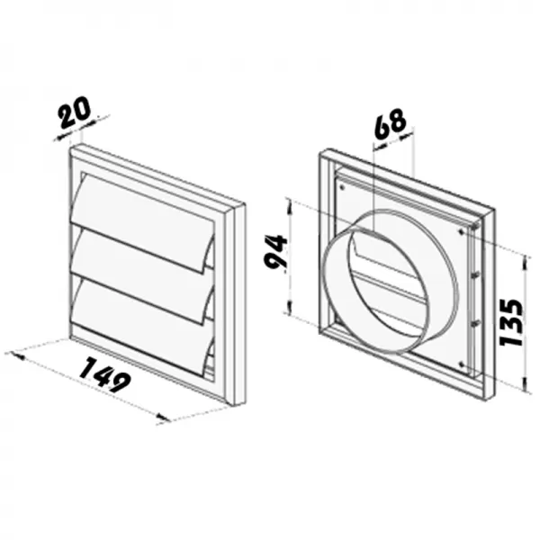 Větrací mřížka nerezová s přírubou a samotížnou žaluzií 149x149 mm, Ø 100 mm DALAP 99480