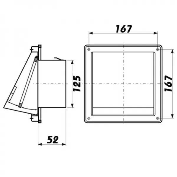 Nerez větrací mřížka čtvercová se stříškou, přírubou a klapkou 167x167 mm / Ø 125 mm DALAP 99337