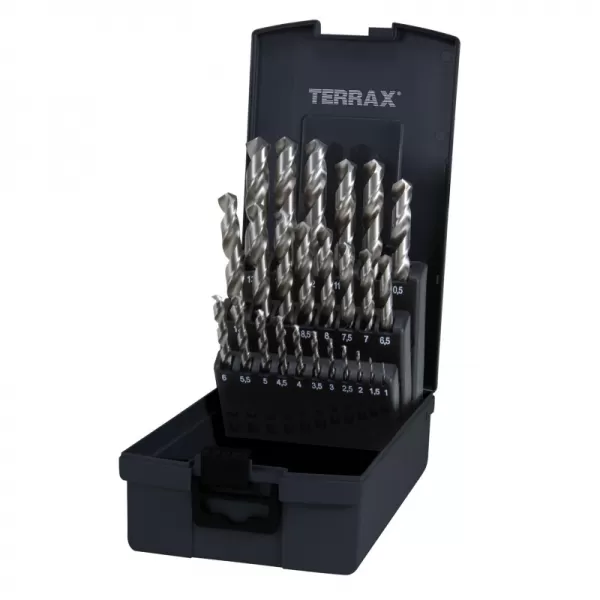 Sada vybrušovaných vrtáků do kovu Terrax HSS-G 25 dílů 1-13 mm, plastový box RUKO RUA214215RO