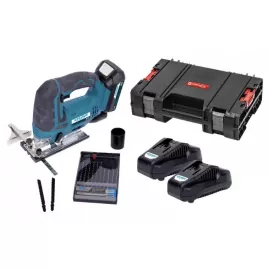 Aku přímočará pila 18V 2x 2.0Ah + nabíječka 2.4 A + pilové plátky + box Xtline XT102735-2B2B