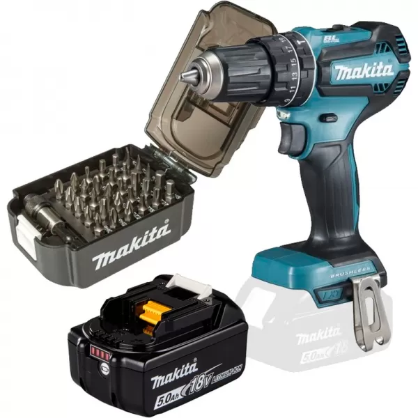 Aku bezuhlíkový příklepový šroubovák 18V Makita DHP485Z - set baterie 5,0Ah + sada bitů E-00022