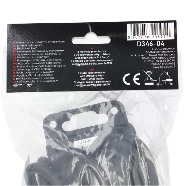 Kabel produžovací 3m, 3z, vypínač, ochrana Draumet D346-04