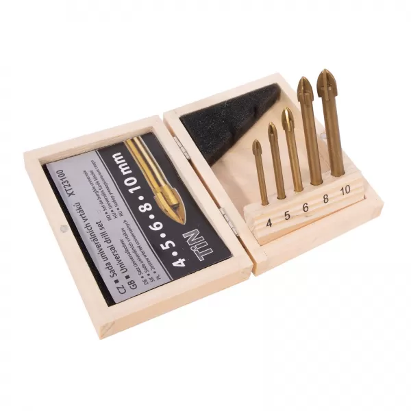 Sada univerzálních vrtáků TiN 5 dílů 4-10 mm, dřevěný obal Xtlilne XT23100