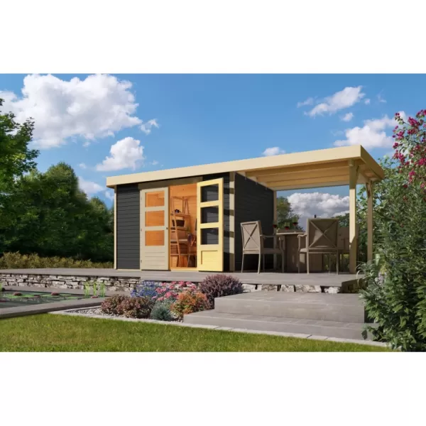 Dřevěný domek KARIBU ASKOLA 4 + přístavek 240 cm (92070) tm. Šedý LG1719